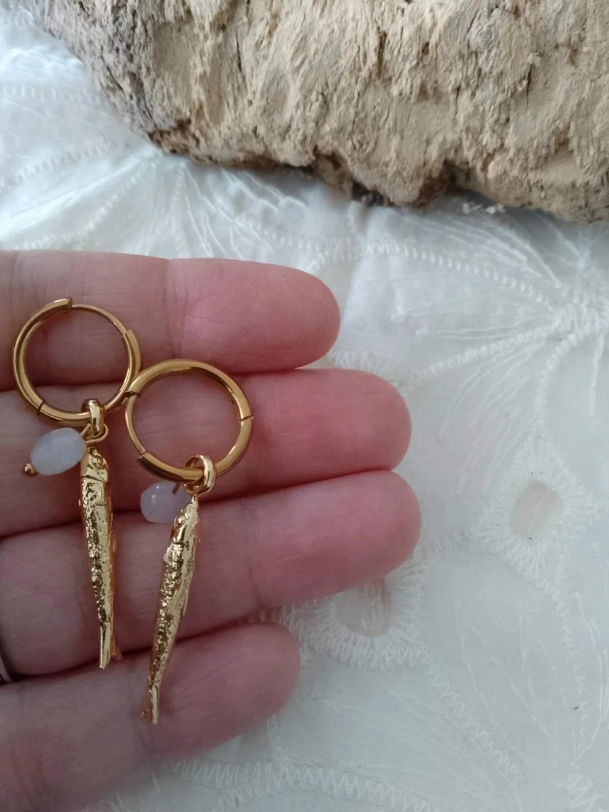 Bohemian fish gold plated hoop earrings with natural white calcedony stones – photo 3
